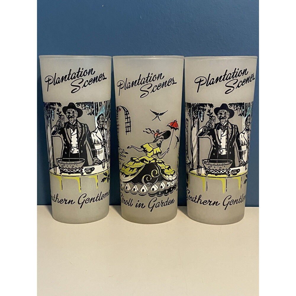 VTG Libbey Plantation Scenes Frosted Glass Tumbler Set Of 3 Gentlemen & A Stroll